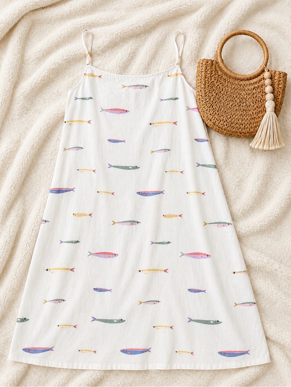 STAUD Laura Linen Colorful Fish Print Mini Dress L